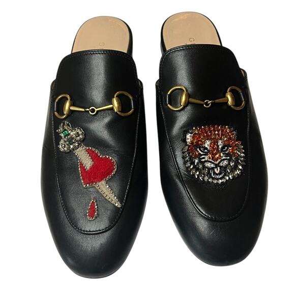 Gucci Black Leather Tiger and Pierced Heart Princetown Mule Slippers EU 38 US 8 - Picture 4 of 13